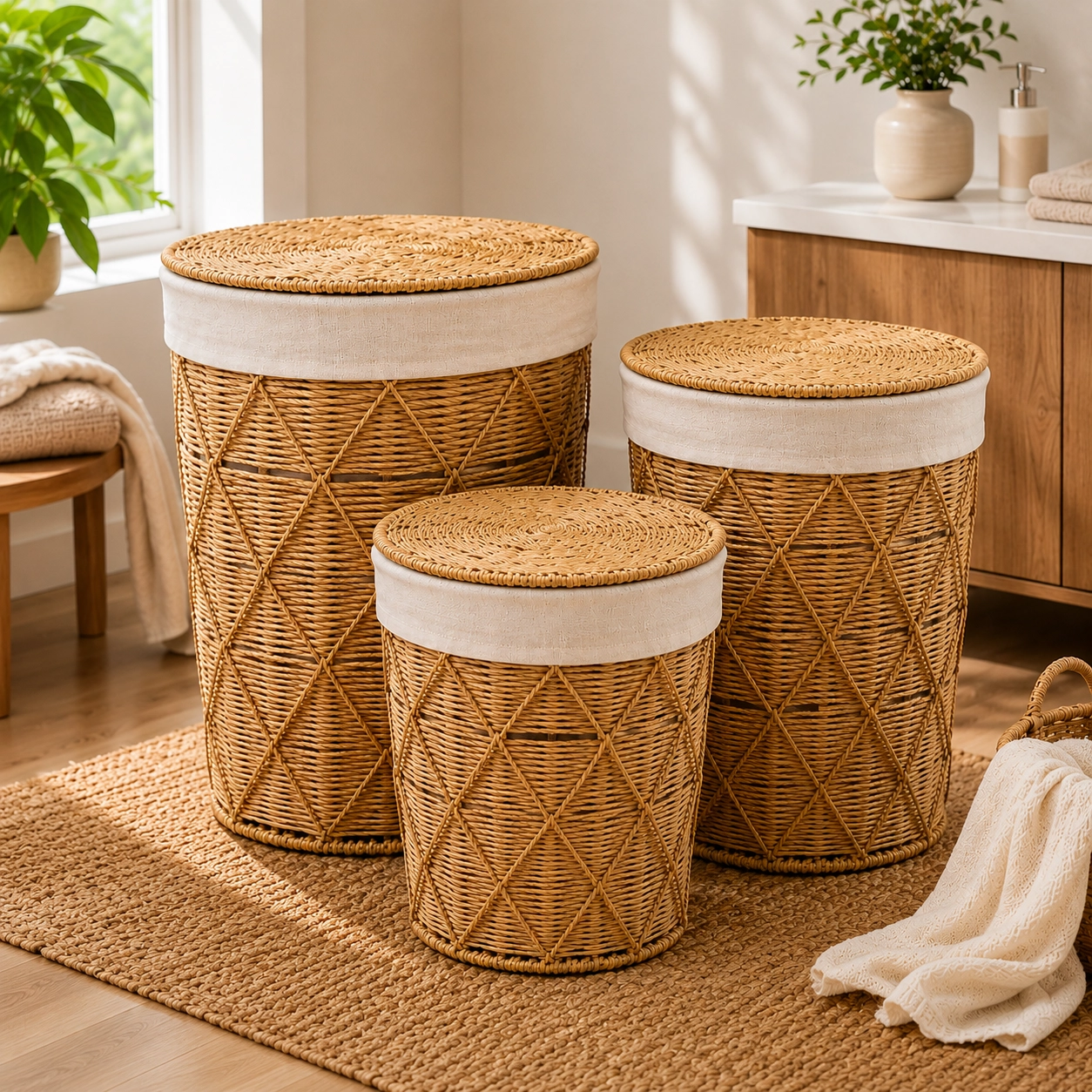 3 Pc Laundry Storage Round Natural Oak - Image 2
