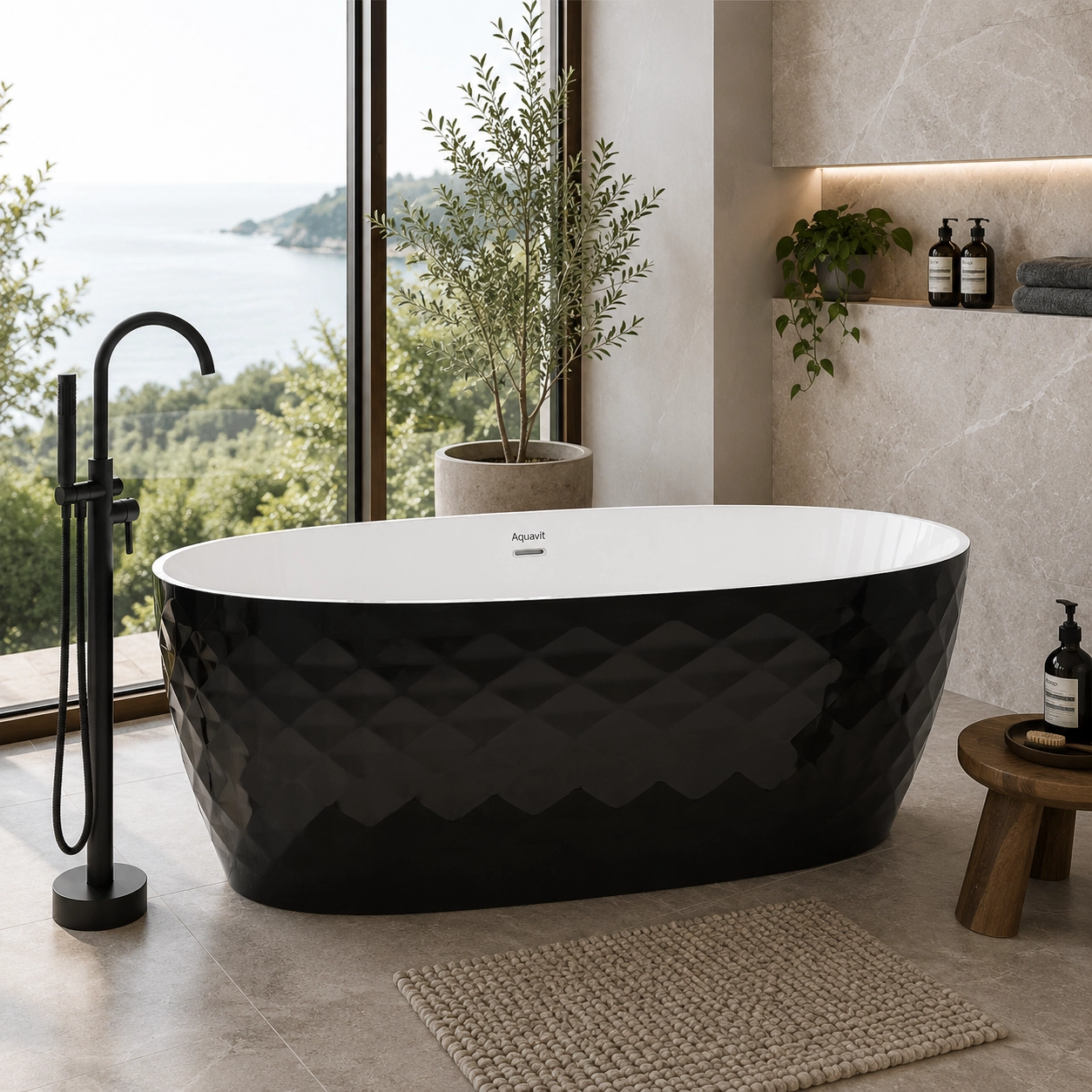 Aquavit Freestanding Bath - Ella Black 1700x800x580mm - Image 2