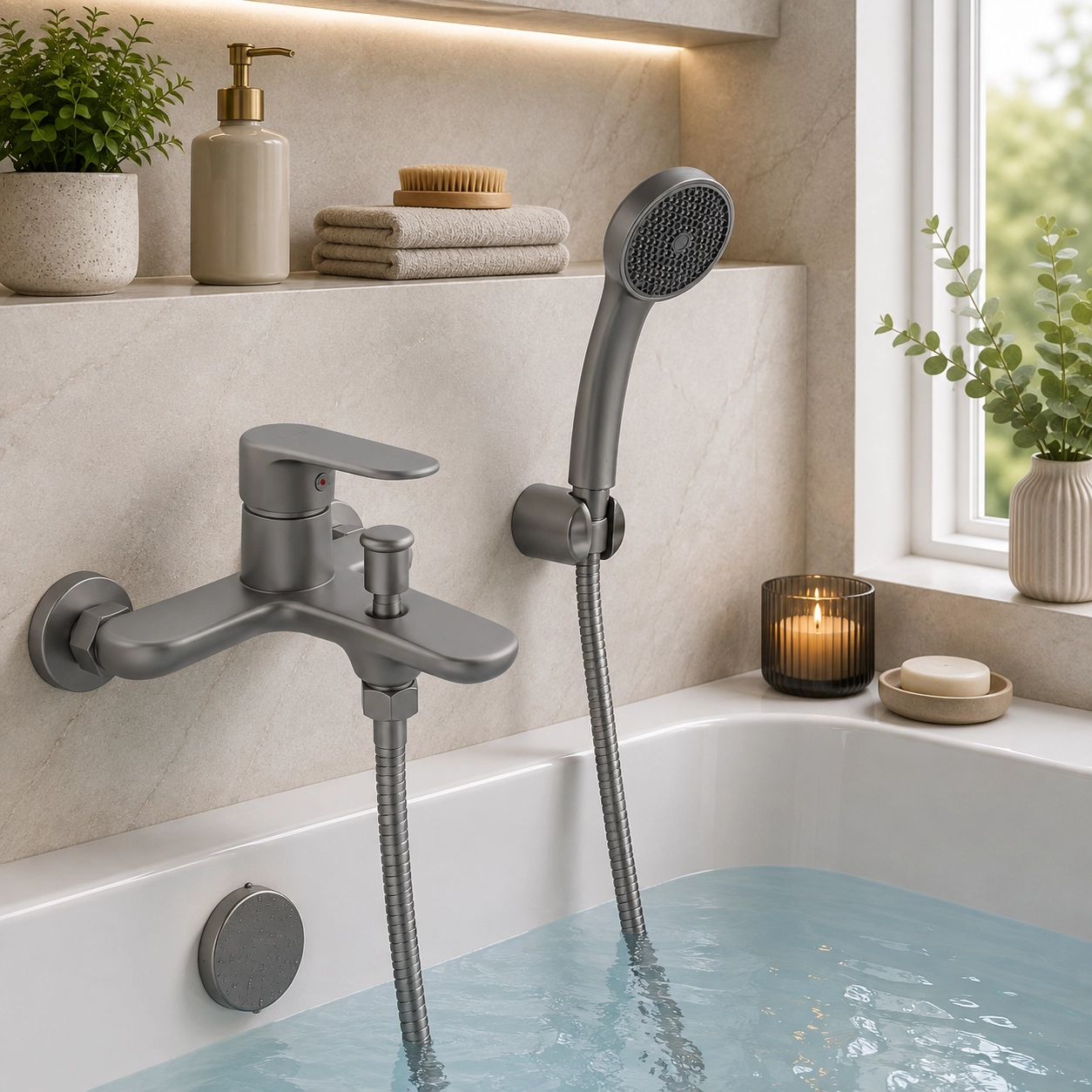 Aquavit Lenoro Bath Mixer with hose 35mm Gun Grey - Image 2