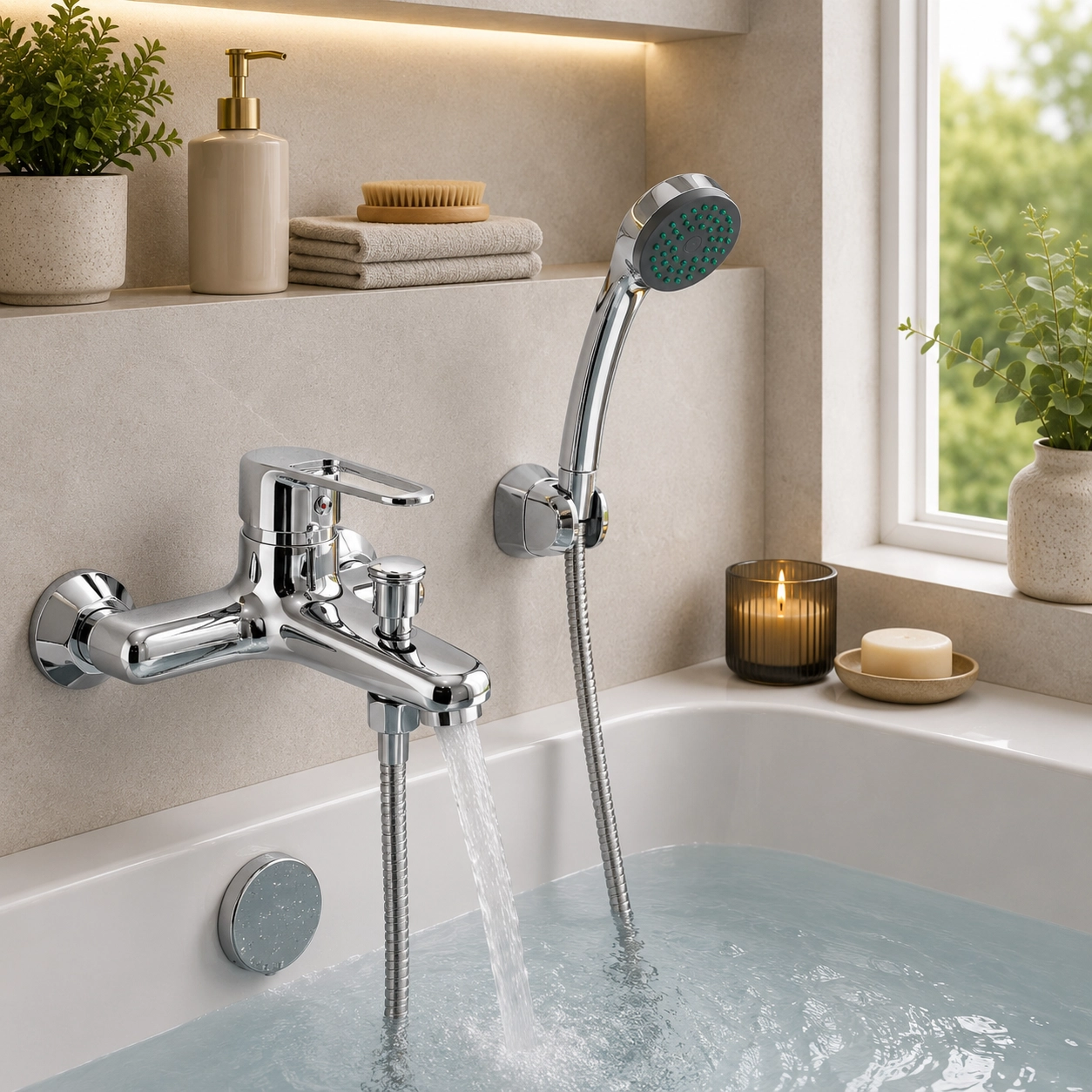 Aquavit Trinity Bath Mixer with hose 40mm Chrome Brass - Image 2